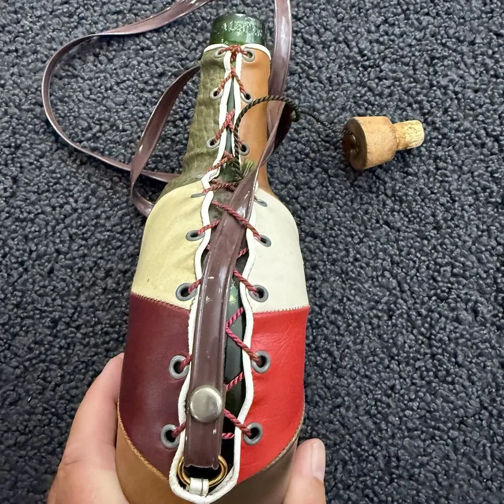 Vintage Patch Leather Wrapped Glass Bota Canteen Bottle 11” Wood Cork